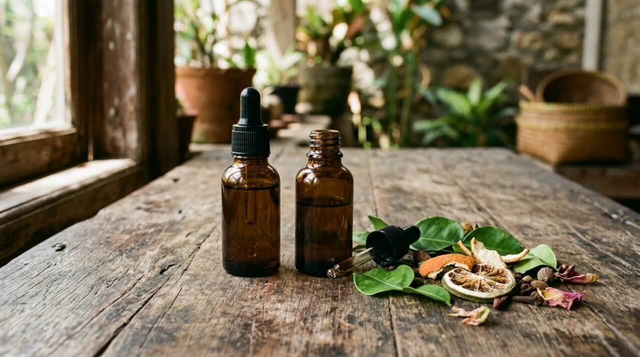 Essential oil vs fragrance oil compared in two amber glass bottles
