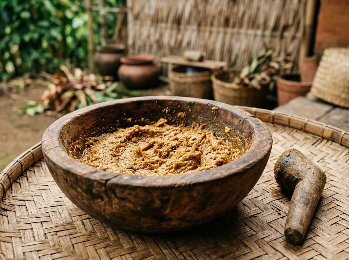 Balinese boreh paste with ground ginger in a carved wooden bowl