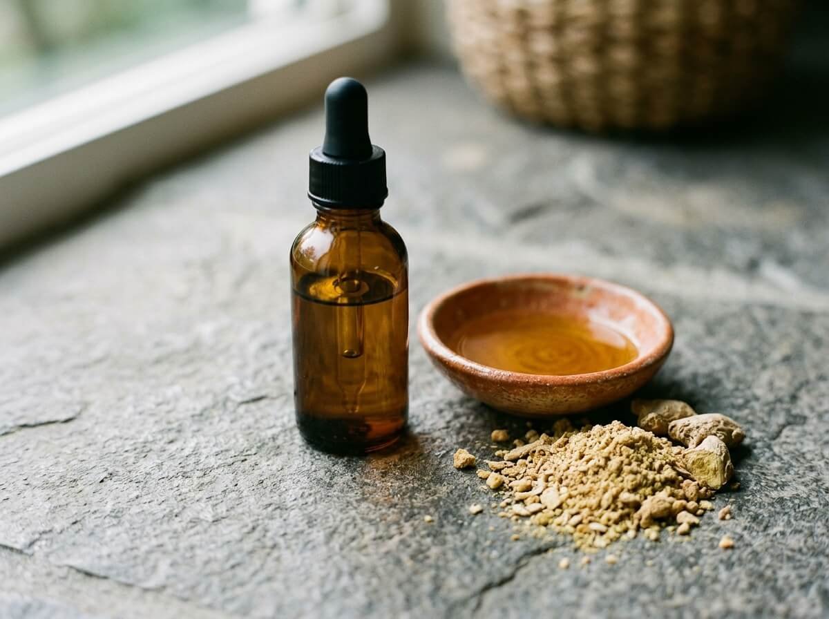 Amber dropper bottle of ginger essential oil beside dried ginger on stone