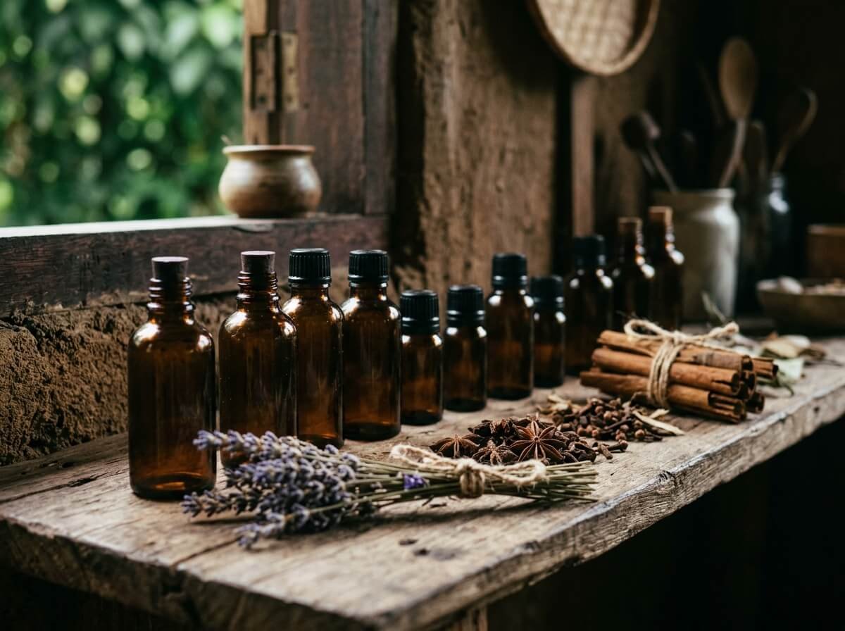 Amber essential oil bottles on a shelf in a small Balinese workshop