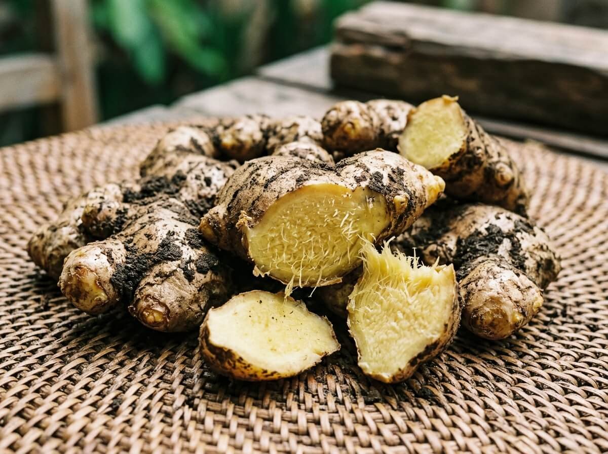 Ginger essential oil benefits: freshly harvested ginger rhizomes cut to show golden flesh