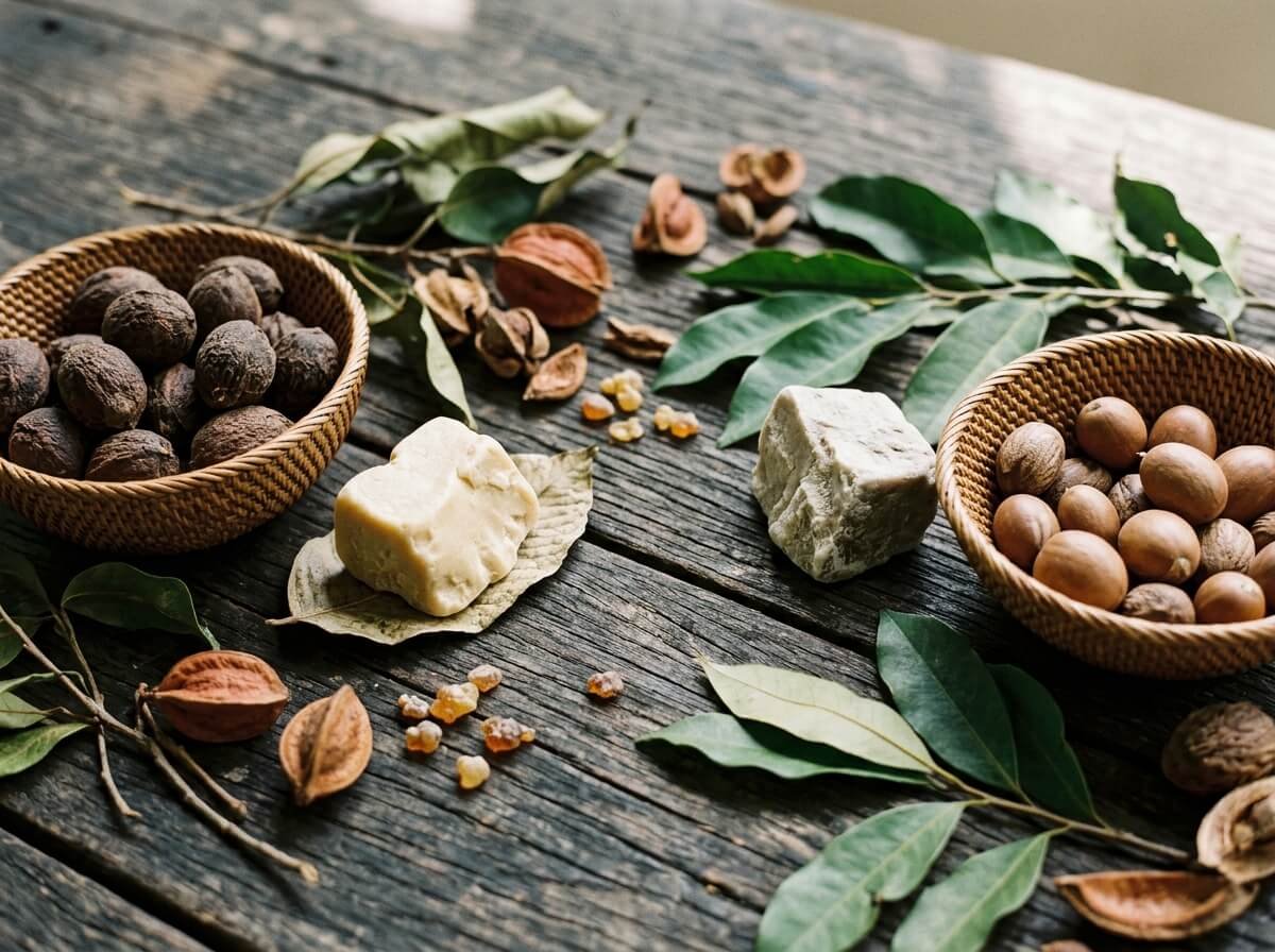 illipe nuts and shea nuts compared on a wooden table