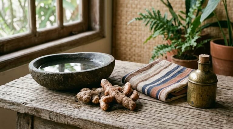 Indonesian wellness as a daily home practice, botanicals and water on a teak table