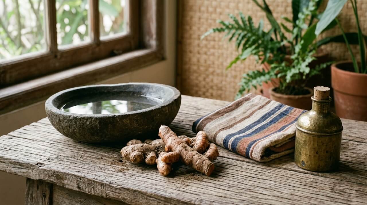 Indonesian wellness as a daily home practice, botanicals and water on a teak table