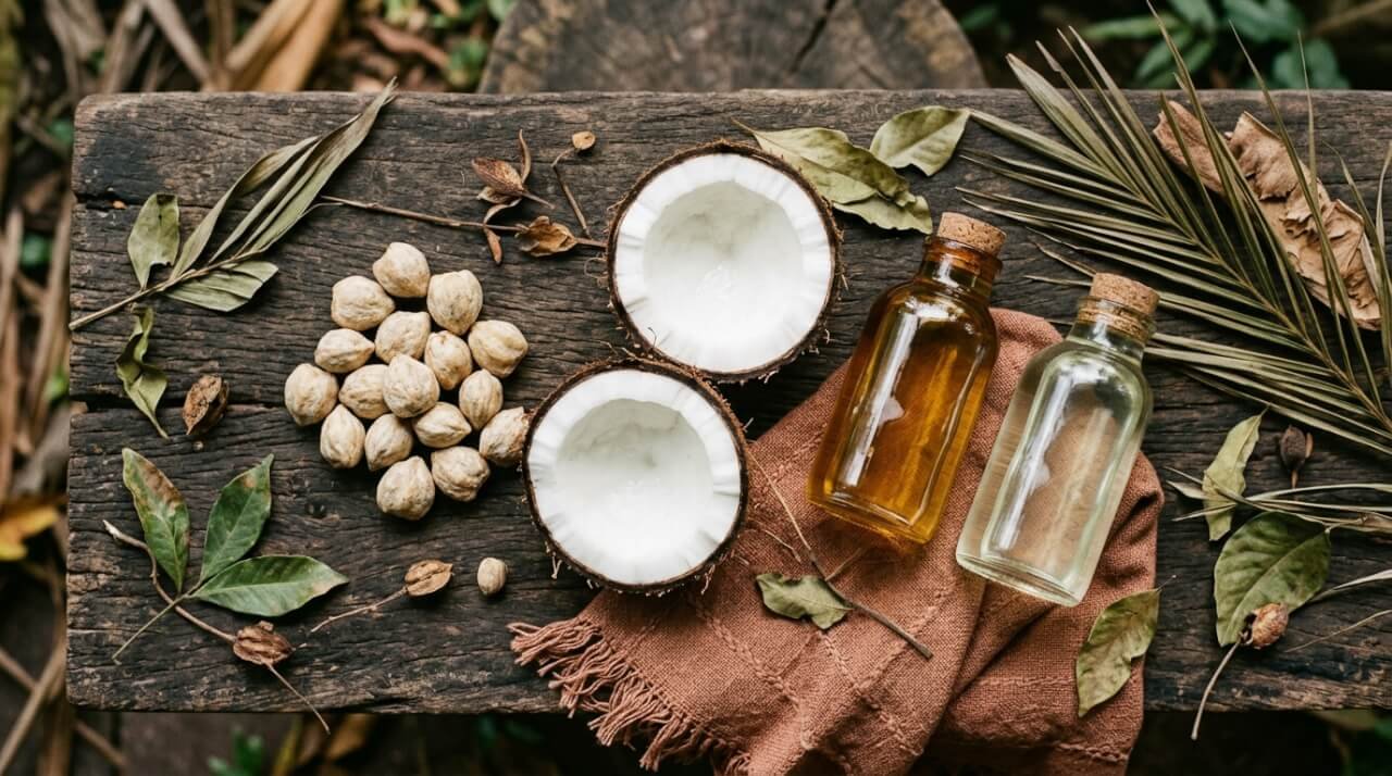 kukui oil vs coconut oil, candlenuts and coconut with two glass oil bottles on wood