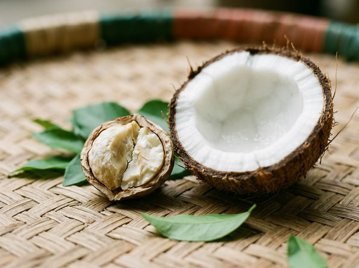 candlenut kernel and halved coconut showing their origins