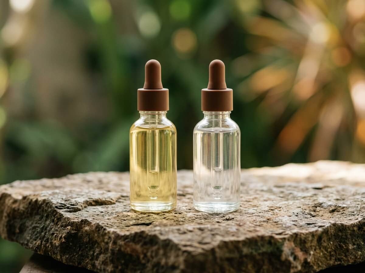 two glass bottles comparing kukui oil and coconut oil on stone