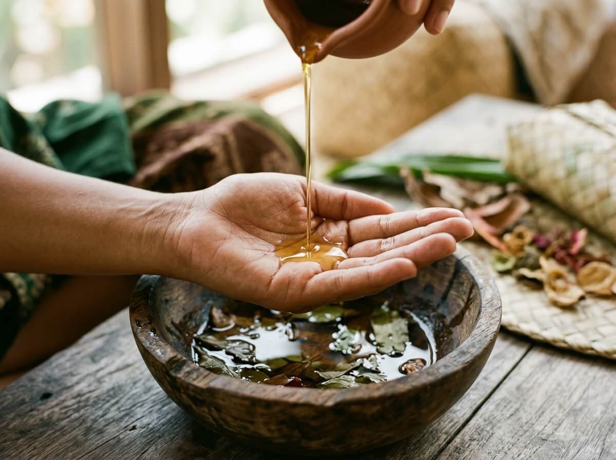 pouring botanical oil into a palm for skin, face, and hair