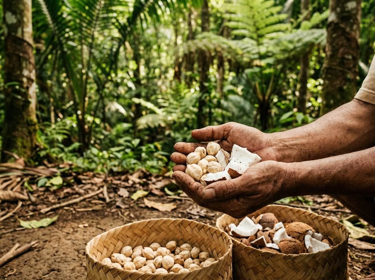 hands harvesting candlenut and coconut showing sourcing and sustainability