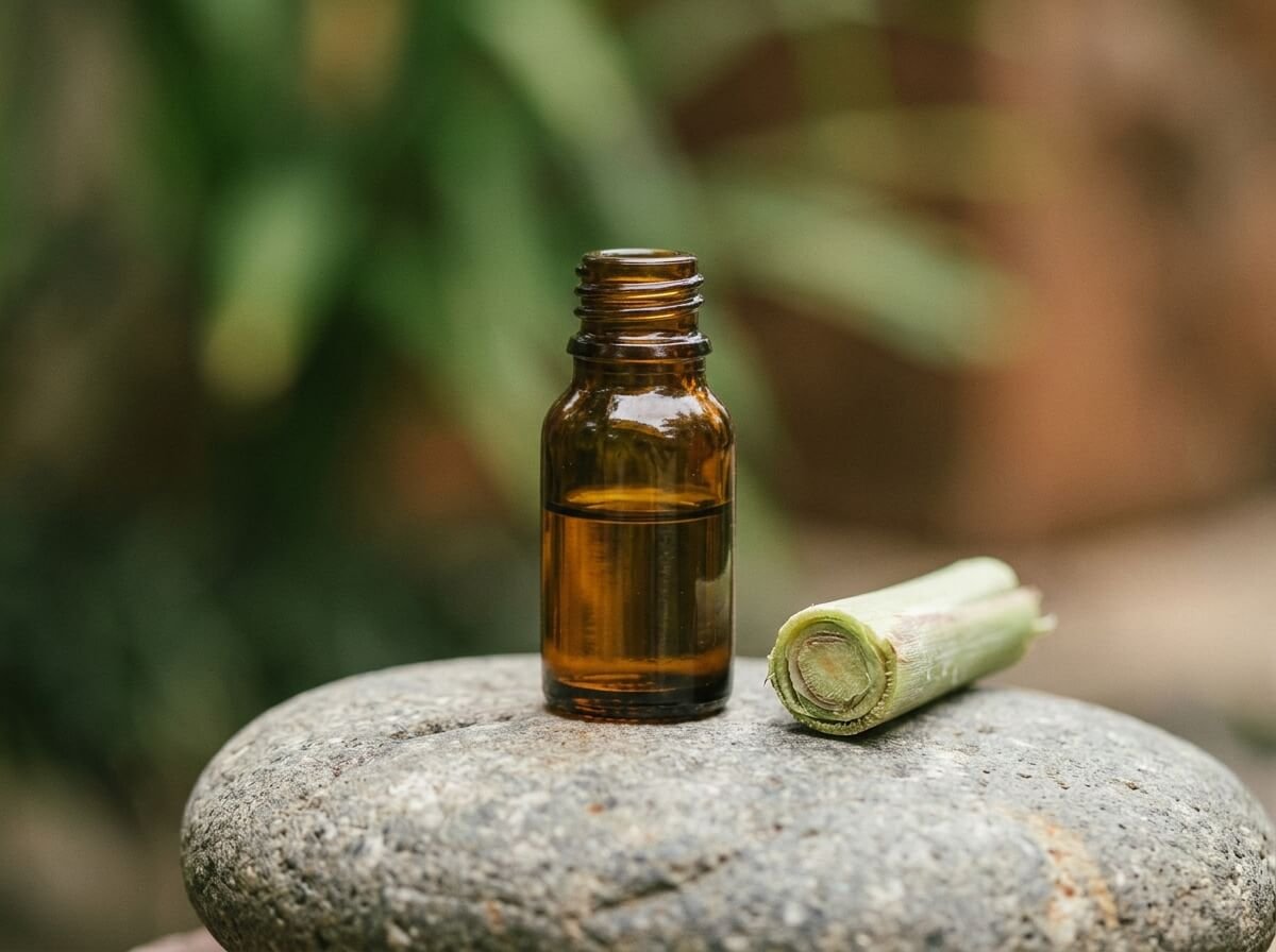 amber bottle of lemongrass essential oil beside cut lemongrass