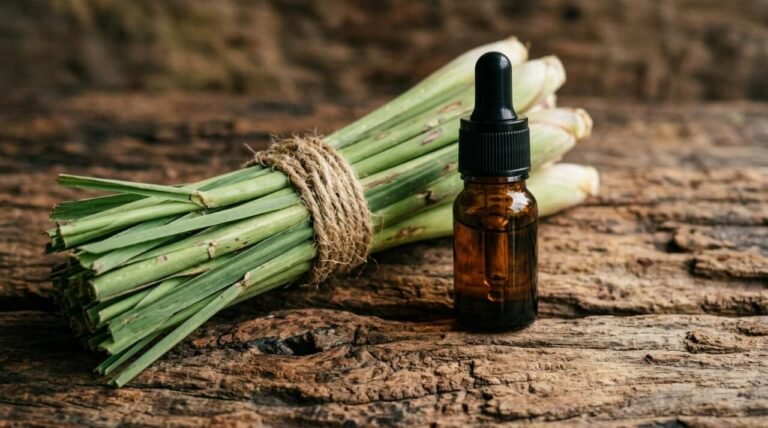 lemongrass essential oil benefits explained with fresh lemongrass and an amber dropper bottle