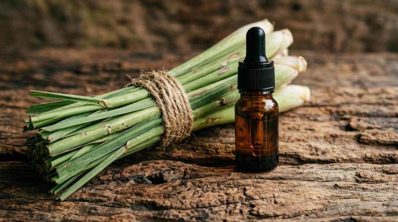lemongrass essential oil benefits explained with fresh lemongrass and an amber dropper bottle