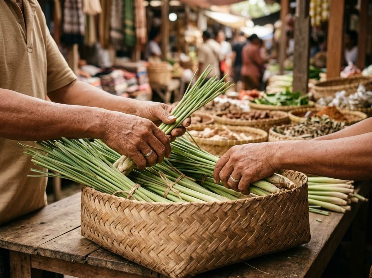 fresh Indonesian lemongrass stalks sorted at a Balinese market