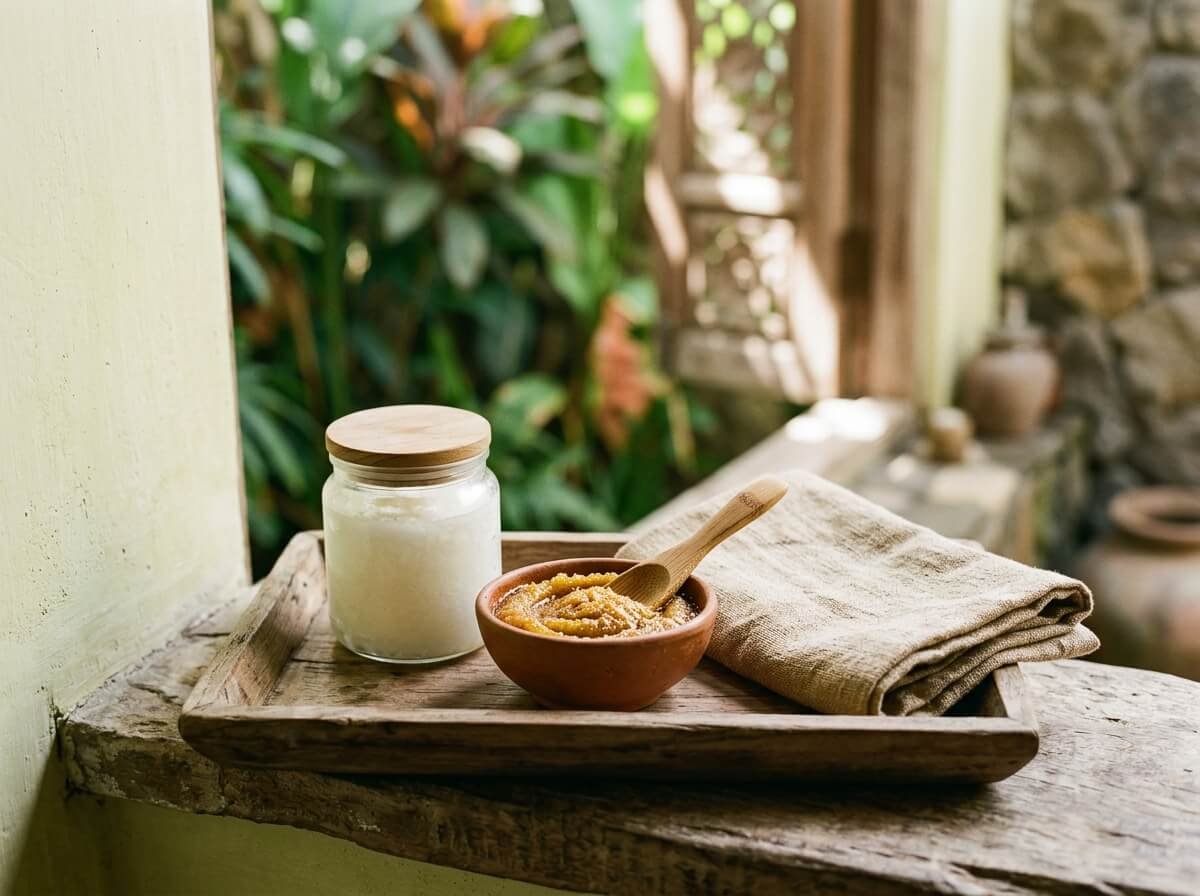 a home lulur ritual set with coconut oil and scrub paste