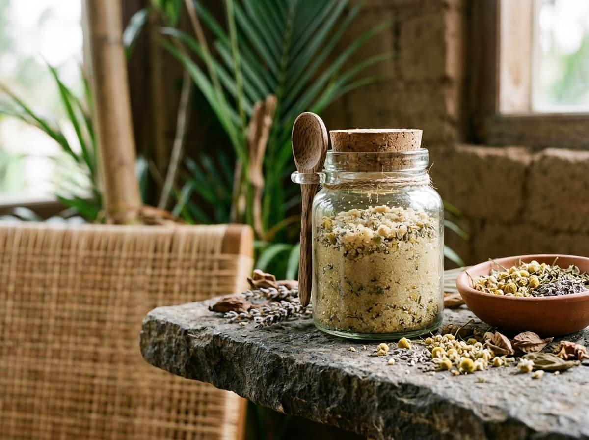 choosing a natural botanical body scrub in a glass jar