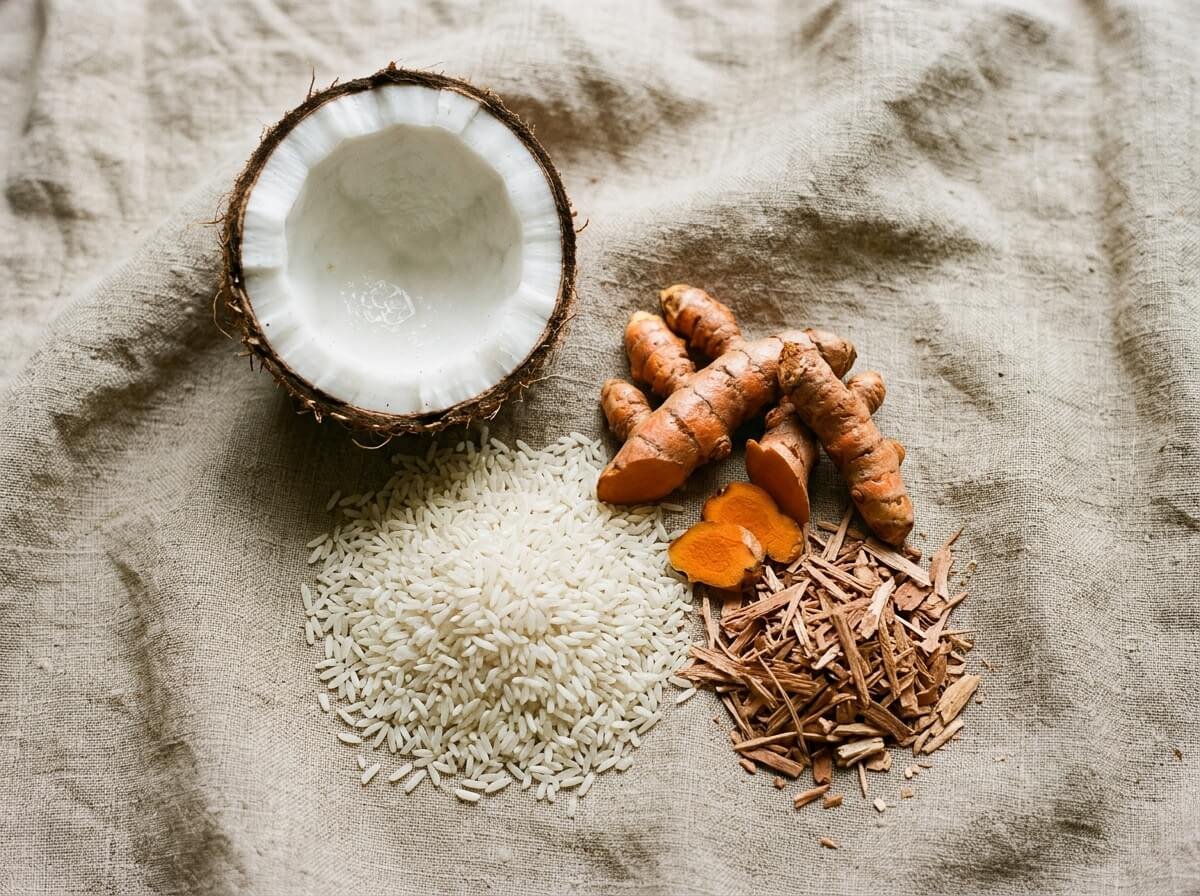 raw ingredients in a traditional lulur scrub, including turmeric, rice, and coconut