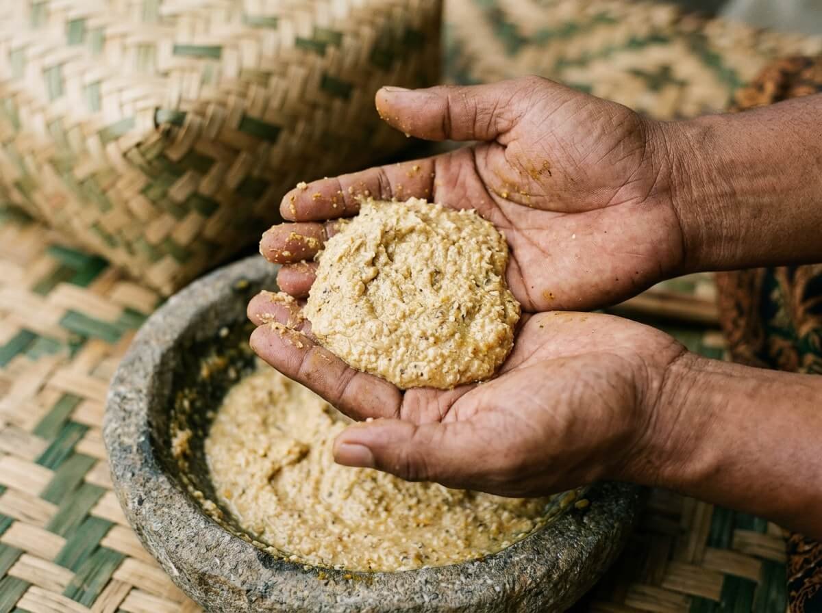 hands holding a traditional Balinese lulur scrub paste