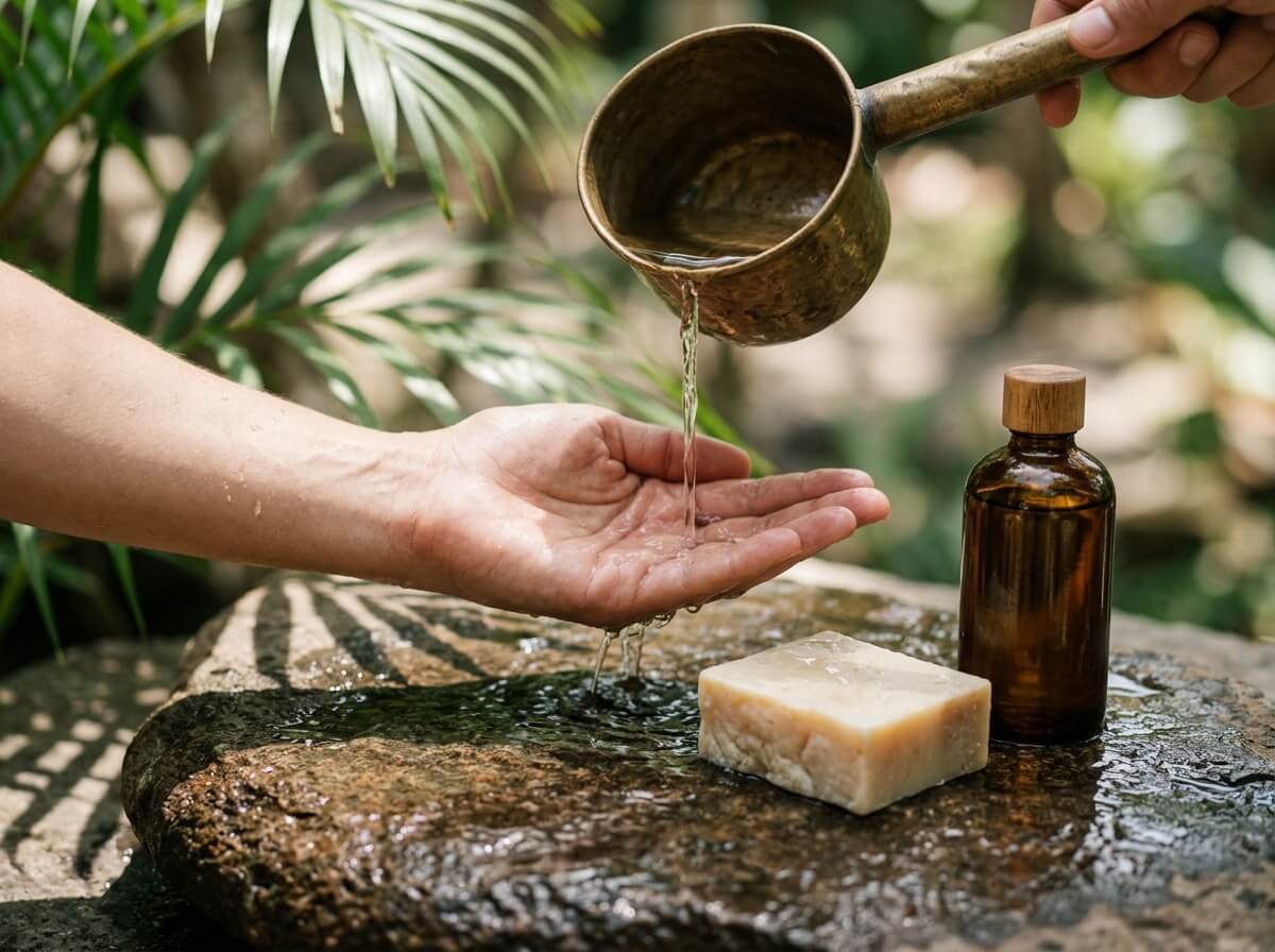 Balinese-inspired daily cleansing ritual with water oil and coconut soap