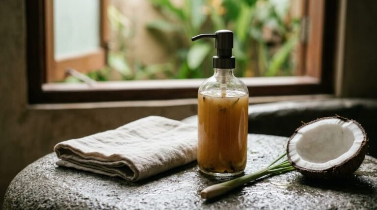 natural body wash in a glass bottle on a river stone with lemongrass and coconut