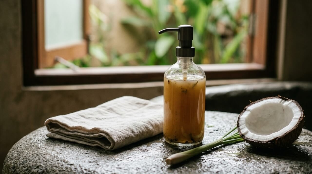 natural body wash in a glass bottle on a river stone with lemongrass and coconut