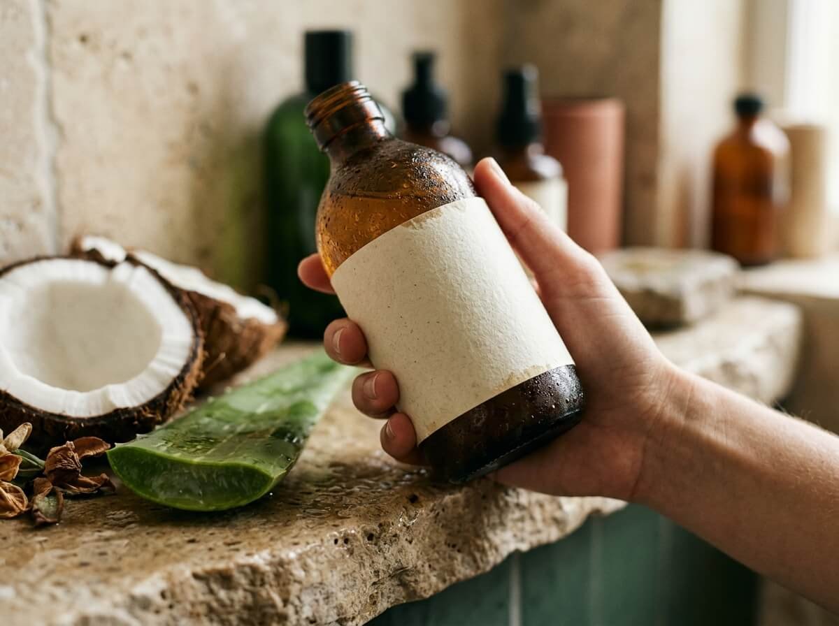 reading a natural body wash label beside plant ingredients