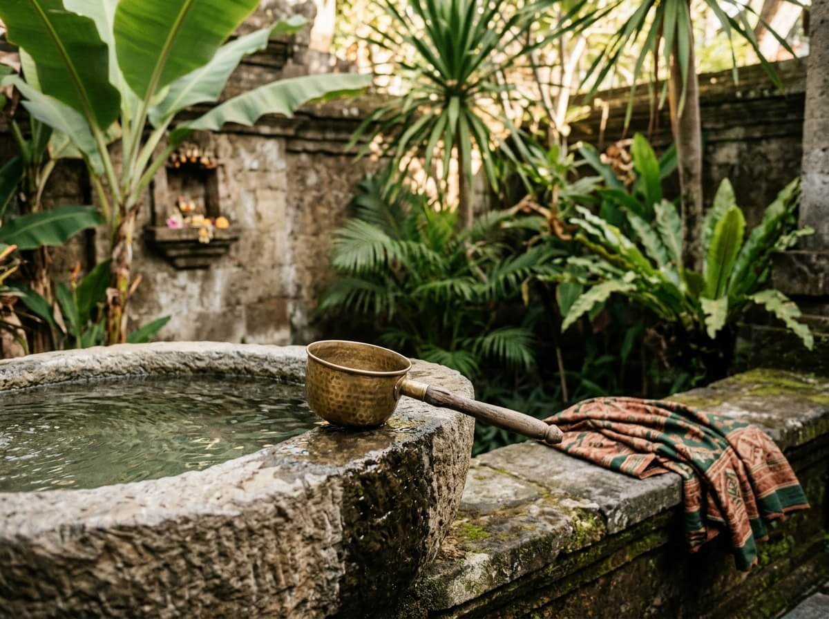 Balinese mandi stone water basin with a brass dipper