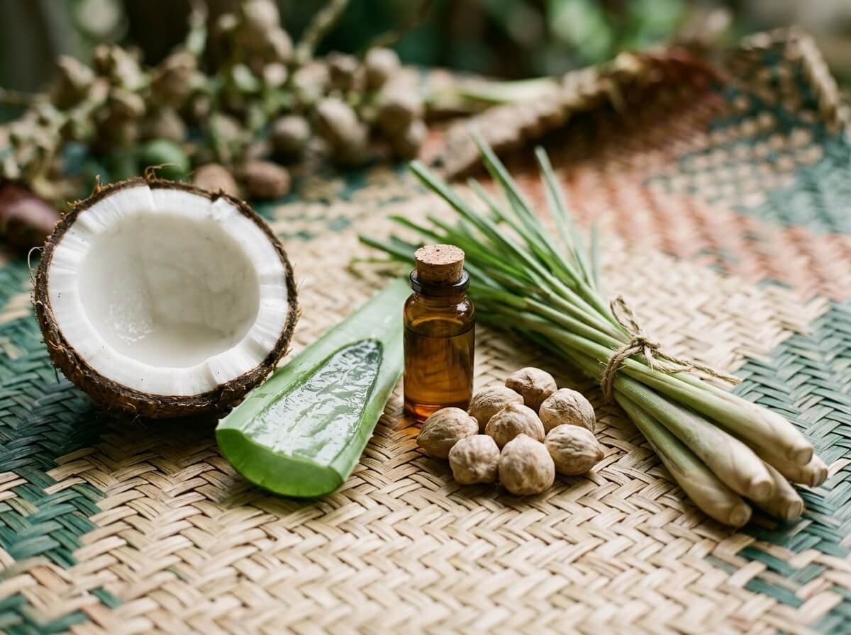 coconut aloe candlenut kukui and lemongrass body wash ingredients on rattan