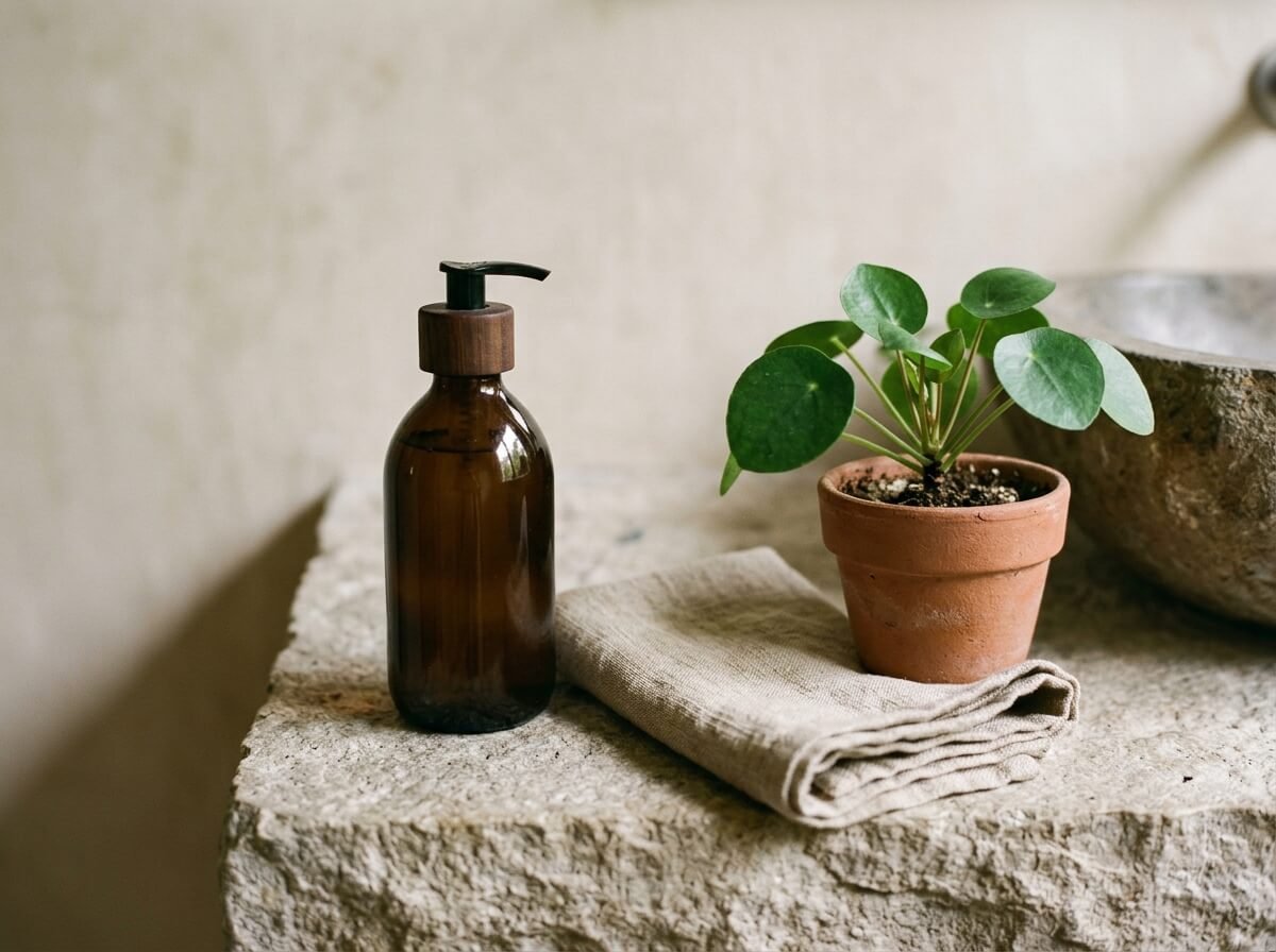 natural face wash on a simple bathroom shelf