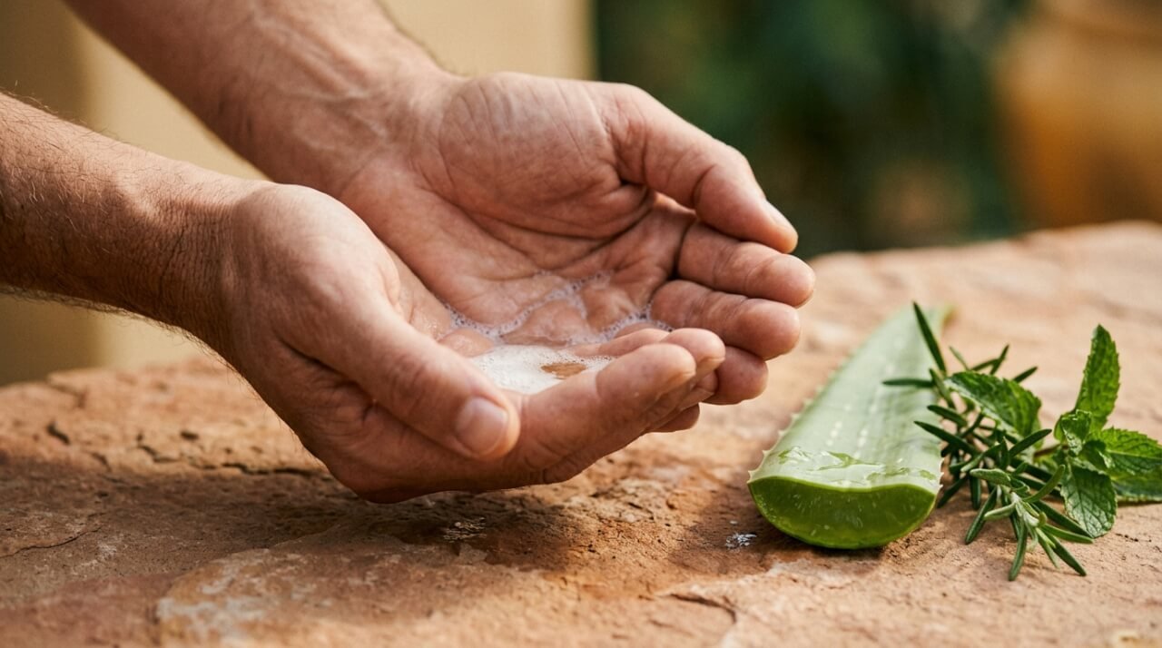 natural face wash cupped in open hands with botanicals