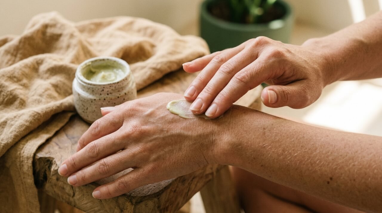 natural hand cream massaged into hands