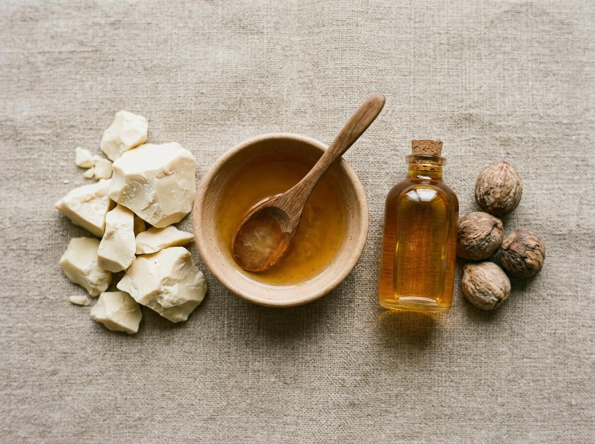 natural hand cream ingredients: cocoa butter, coconut oil, and argan oil