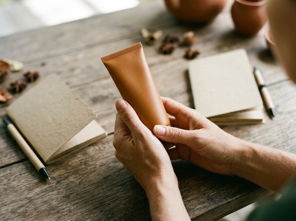reading a natural hand cream label at a wooden table