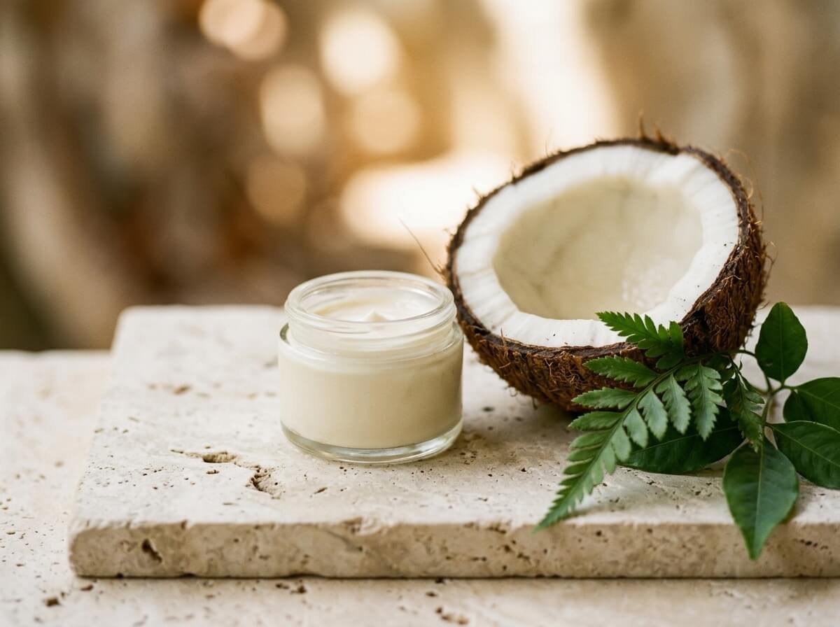 a jar of natural hand cream with coconut and botanicals