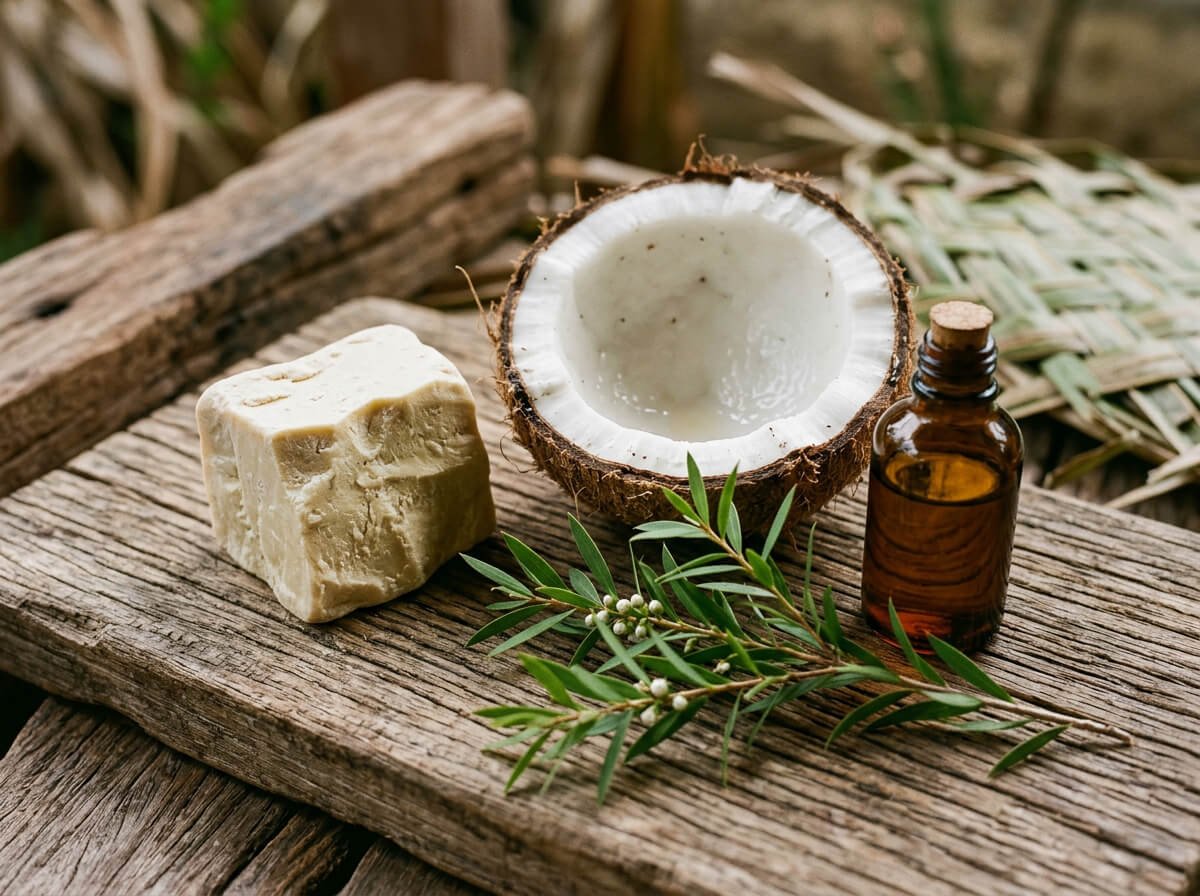 coconut, cocoa butter, and tea tree ingredients in natural shampoo