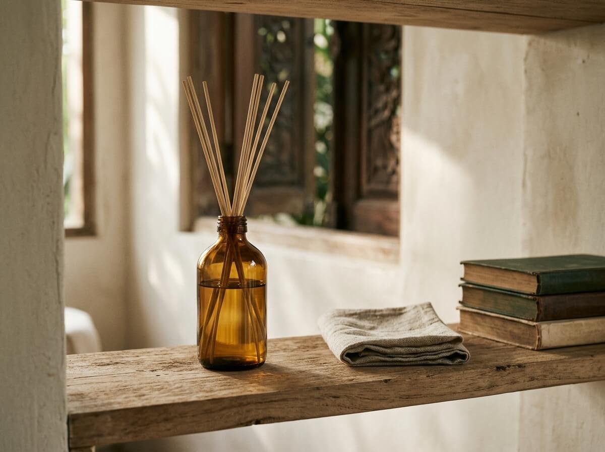 what a reed diffuser is on a wooden shelf