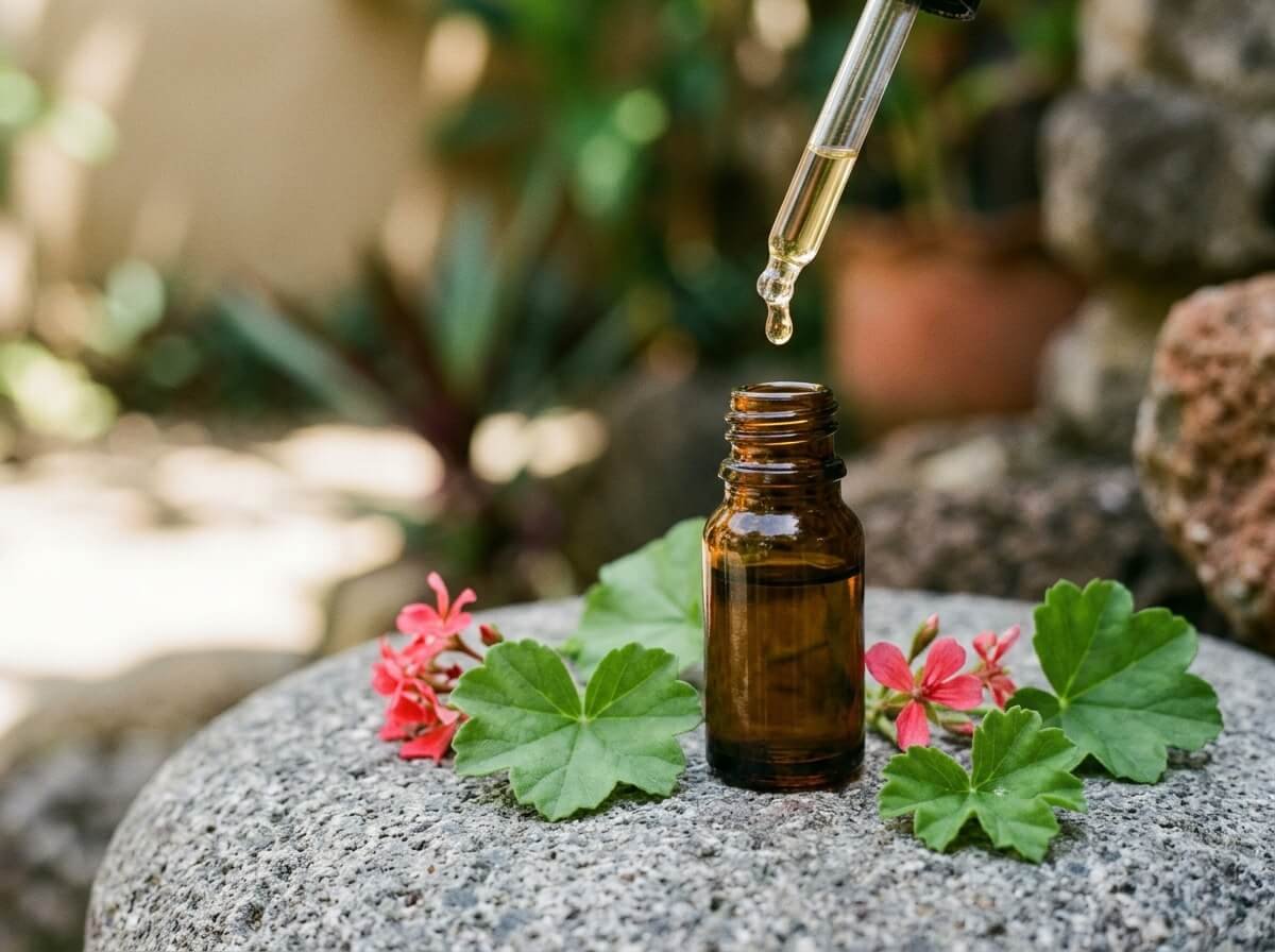 amber bottle of rose geranium essential oil with a single golden drop