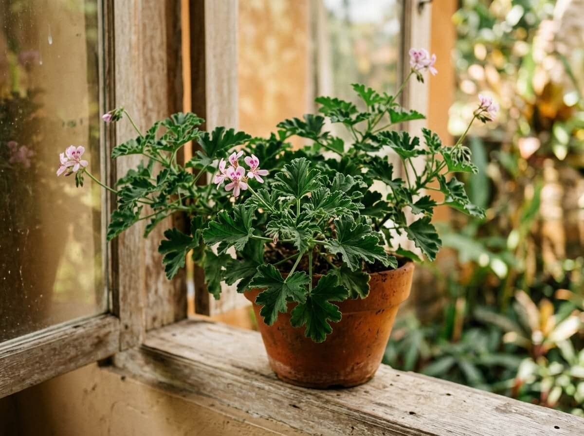 rose geranium plant Pelargonium graveolens with scalloped leaves and pink flowers
