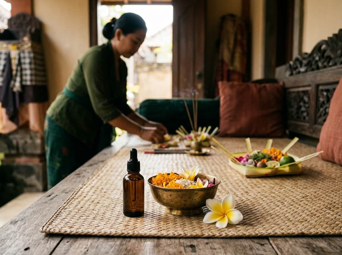 rose geranium oil in a calm Balinese ritual setting with woven mat and frangipani