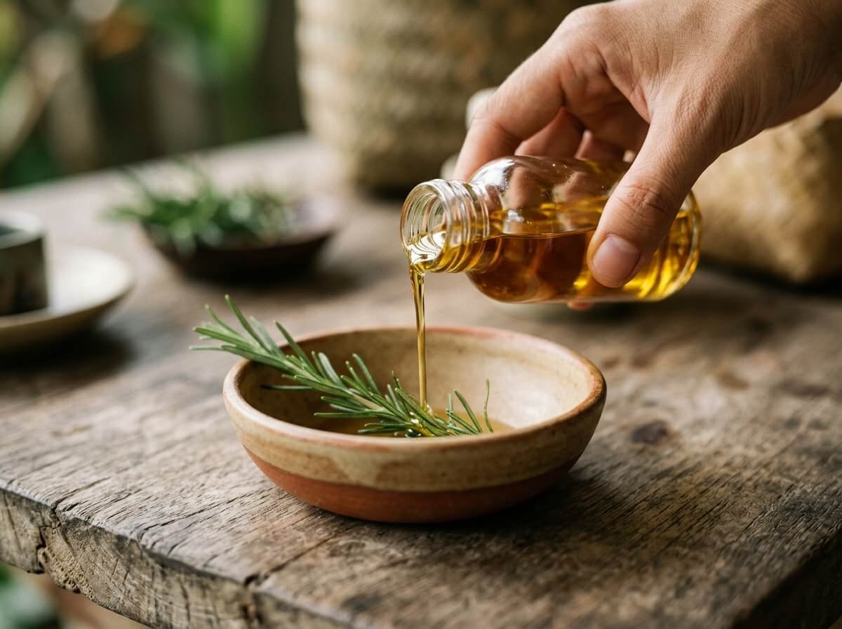 blending rosemary essential oil into a natural carrier oil