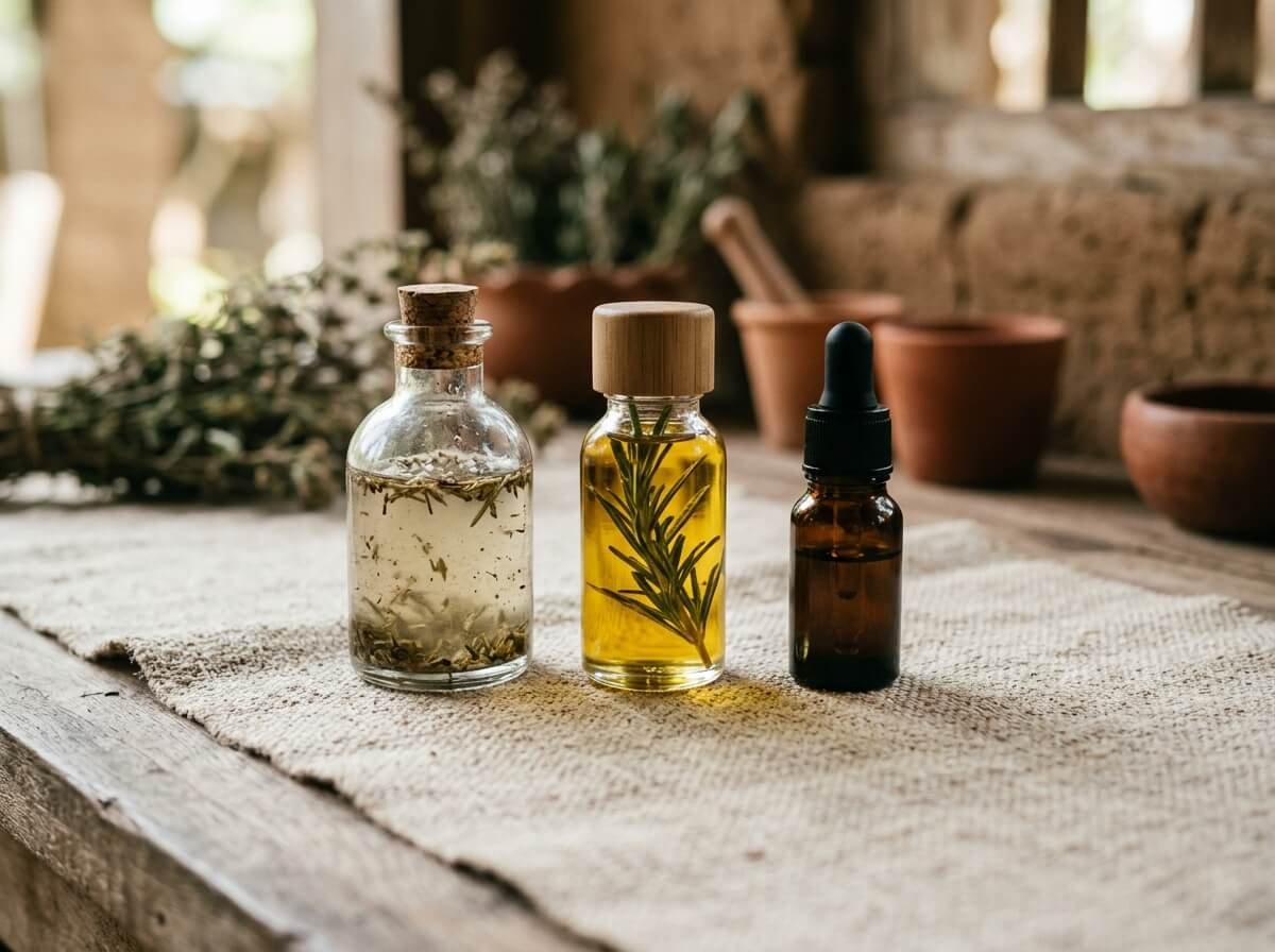 rosemary water, infused oil, and rosemary essential oil side by side