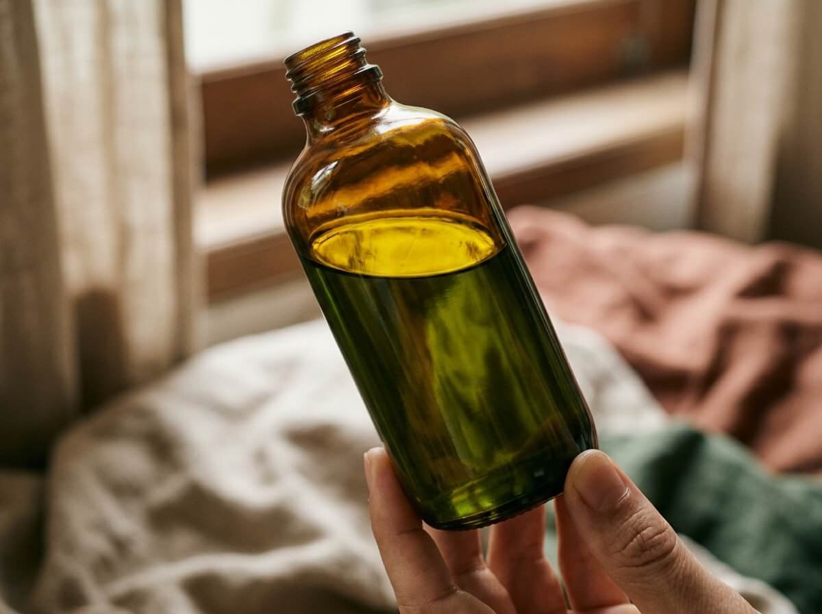 holding tamanu oil to the light to check its green-gold colour and quality