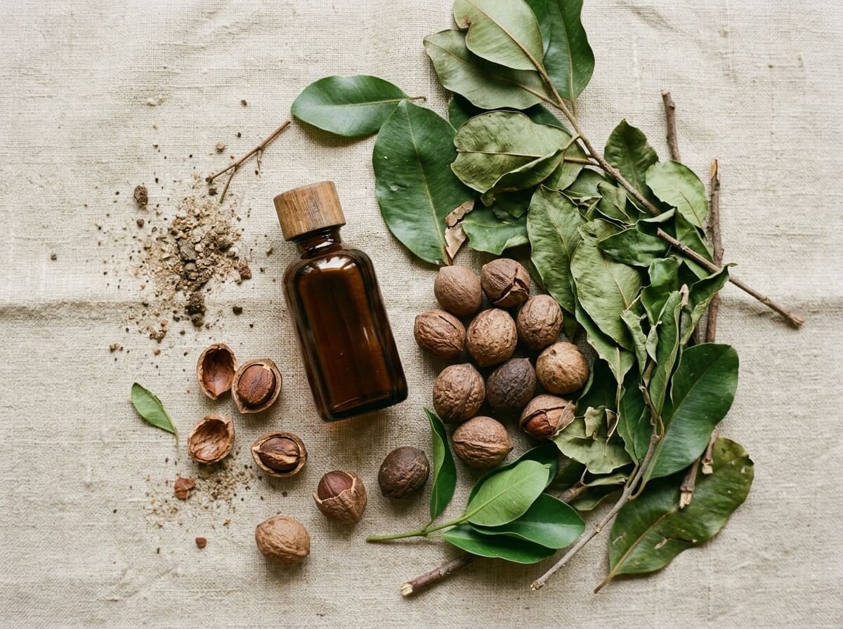 flat lay of tamanu oil with dried tamanu nuts and leaves