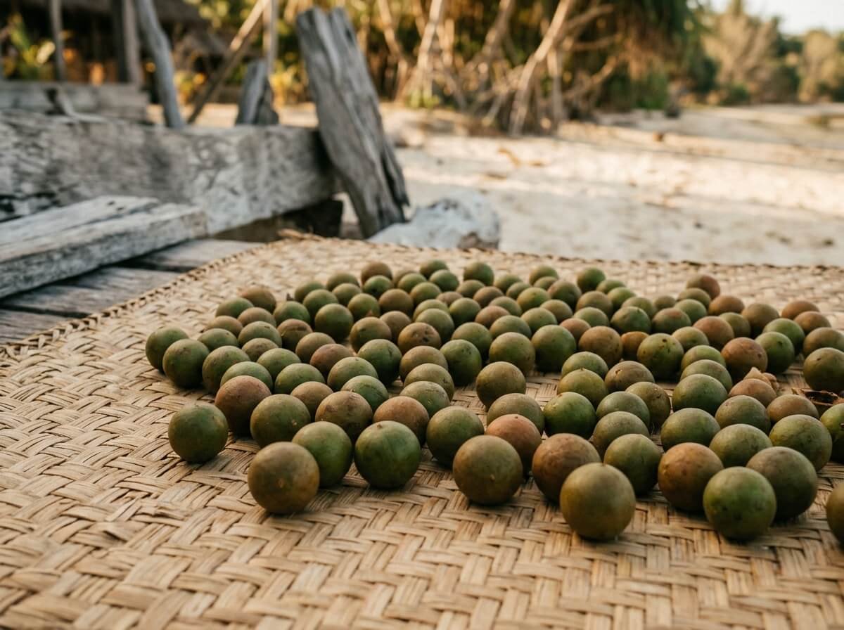 tamanu nuts drying on rattan on the Indonesian coast, the source of tamanu oil