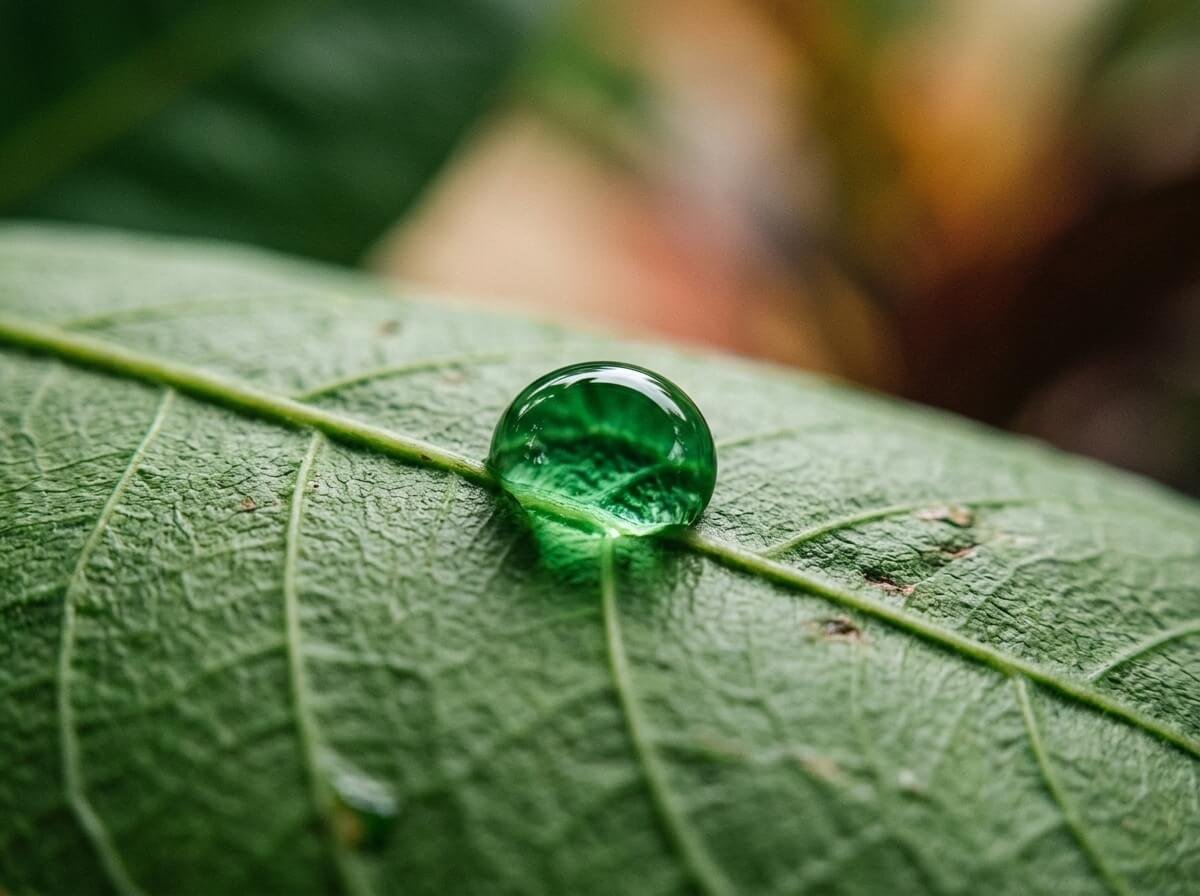 emerald-green tamanu oil droplet showing its natural colour and viscosity