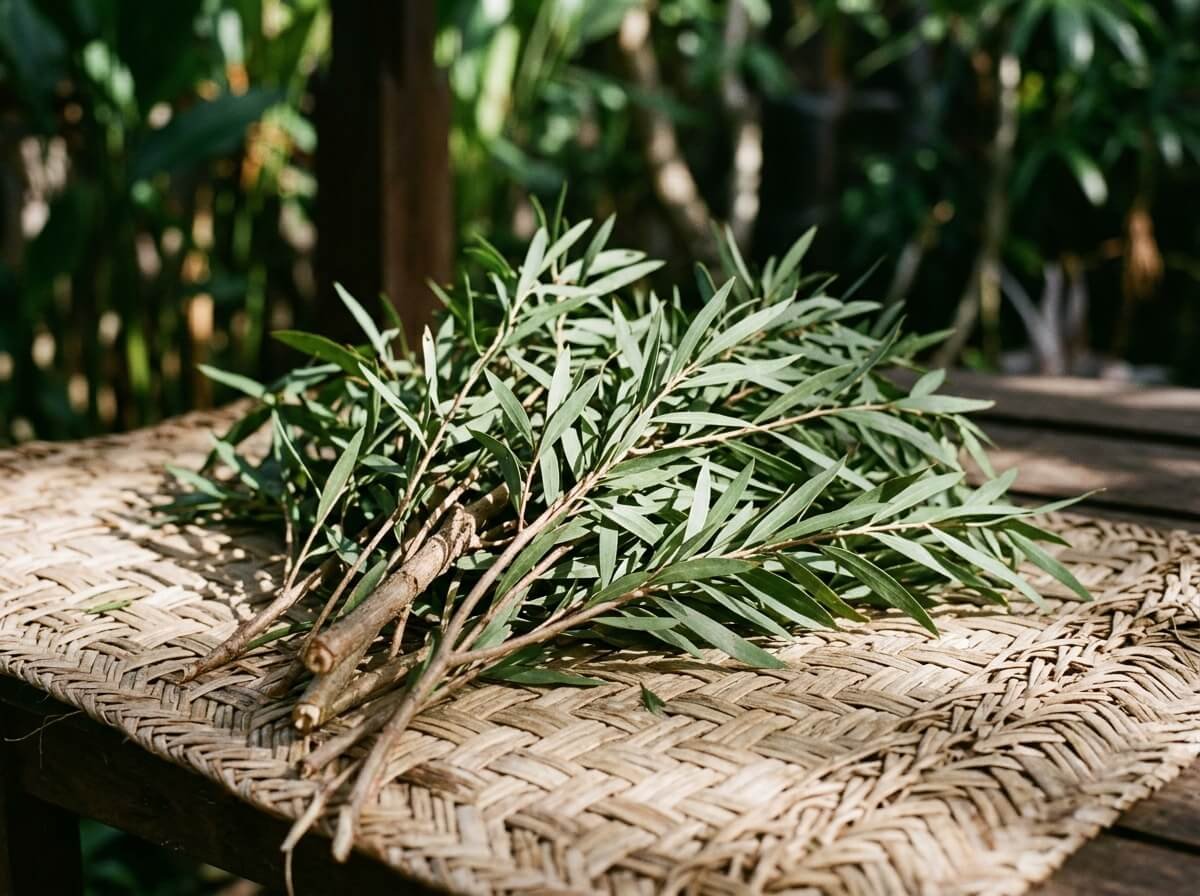 cajeput and kayu putih branches, tea tree's Indonesian cousins, on woven rattan
