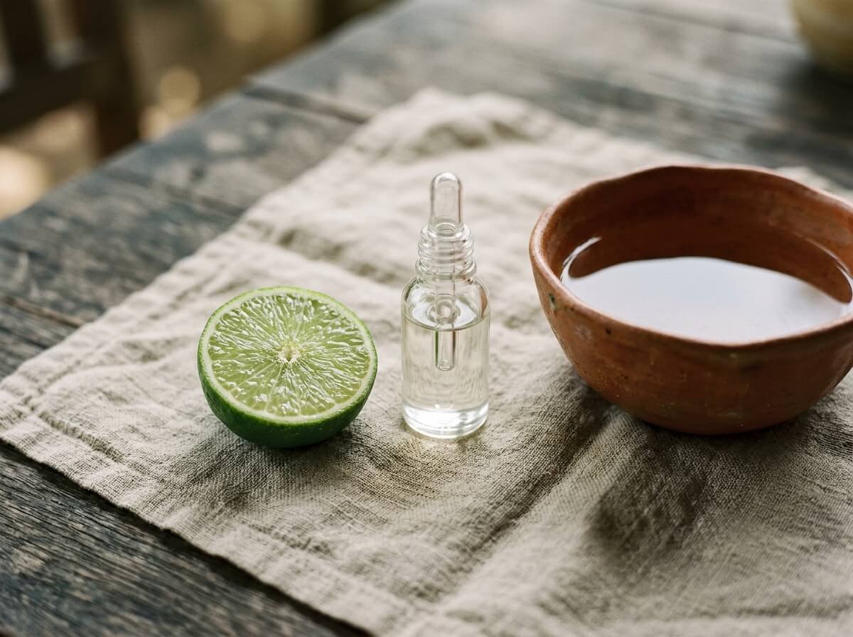tea tree oil bottle in a calm natural skincare flat lay