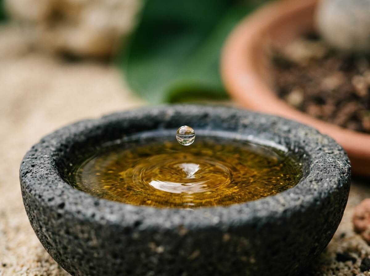a drop of tea tree oil diffusing into golden carrier oil