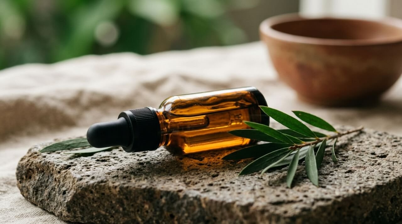 tea tree essential oil benefits shown in an amber dropper bottle beside fresh melaleuca leaves