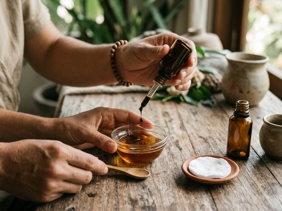 hands safely diluting tea tree essential oil into carrier oil