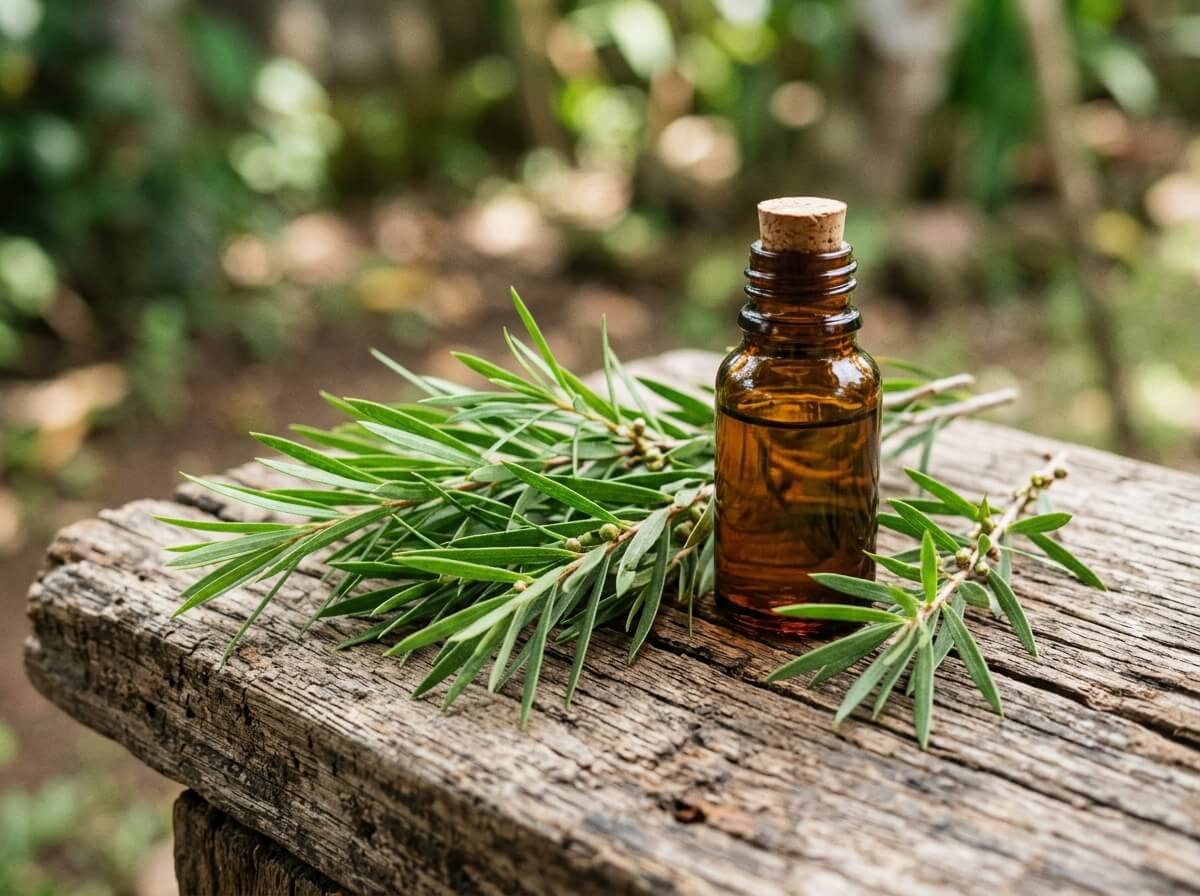 tea tree leaves and an amber oil bottle on raw wood